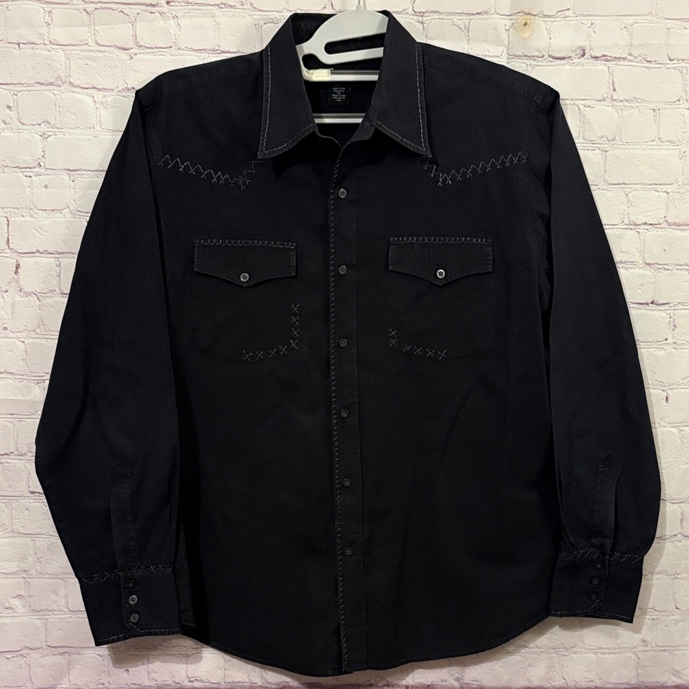 CALVIN KLEIN Men's Black Embroidered Button-Down Shirt Sz: XL